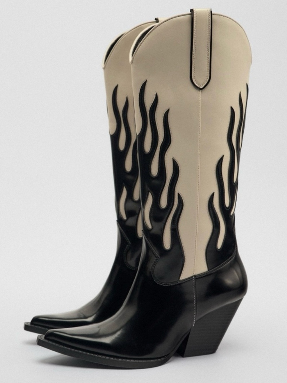 ZARA Contrasting Flame Cowboy Boots Black White Rare Sold Out Size 8